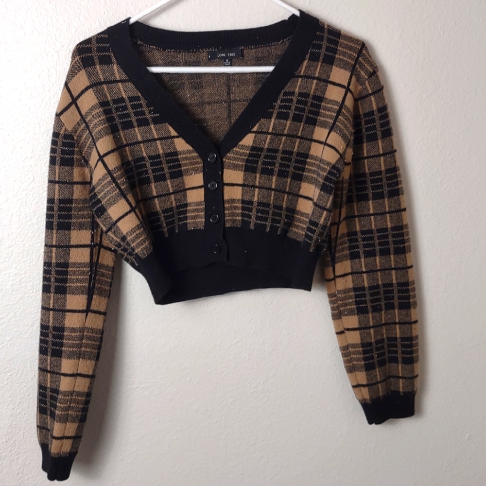 Love Tree Plaid Cropped Button Down Long Sleeves Cardigan Size Medium Black